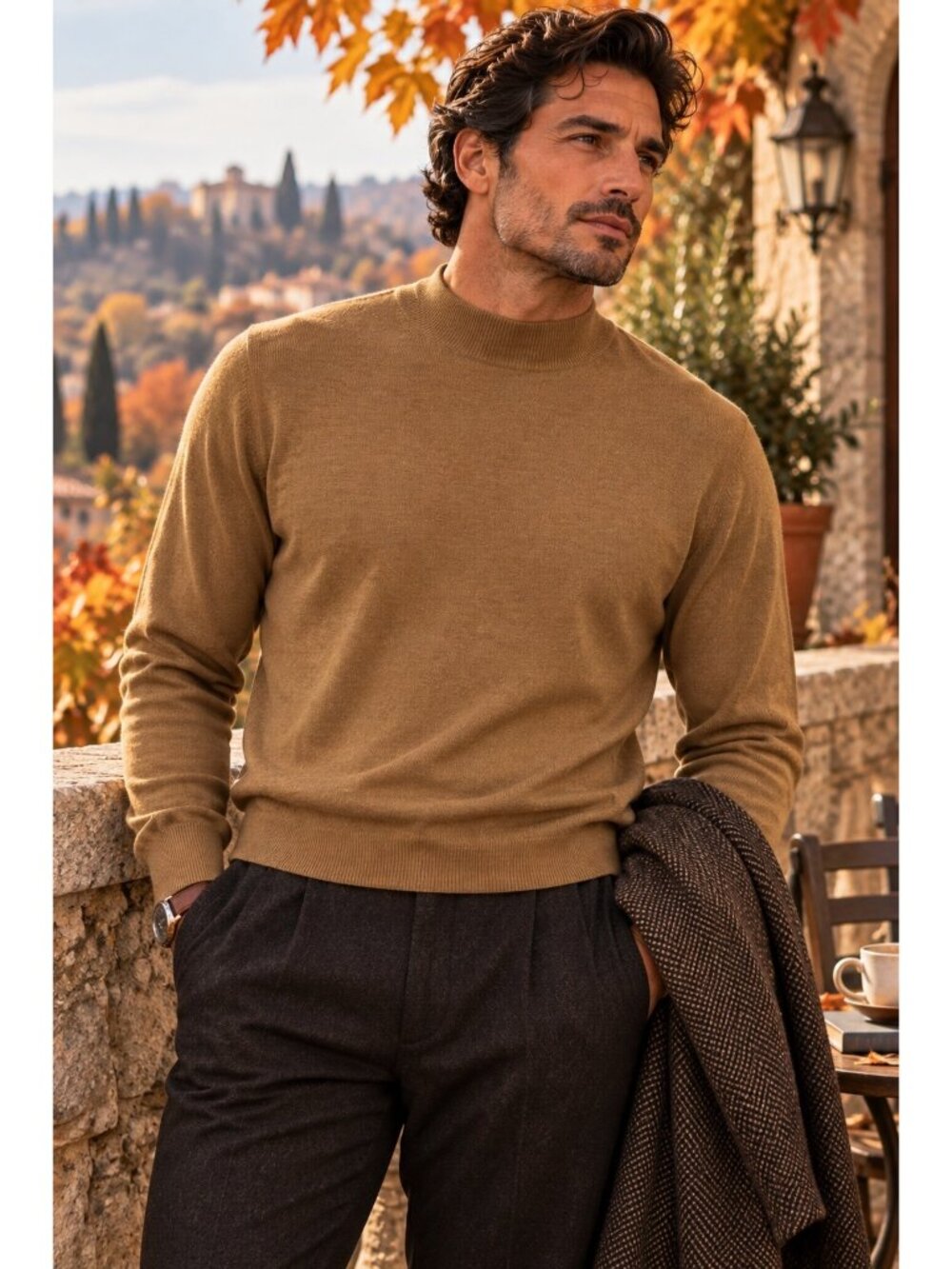 Gran Sasso Men’s 52 Wool Silk Cashmere Turtleneck Sweater Brown Made in Italy